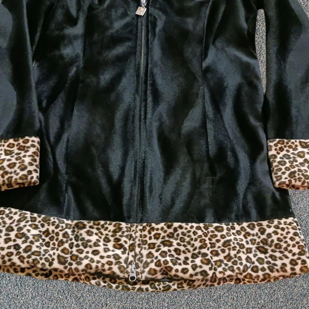 Mudd Women's Black Faux Fur Leopard Print Trim Full Zip Coat Jacket Y2K Small - Picture 8 of 10